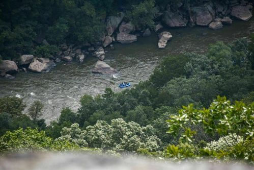 A blue raft with people floats down a river surrounded by lush green trees and rocky banks.