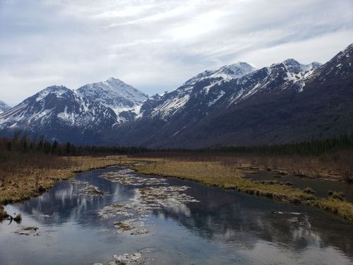 A serene landscape featuring a river, grassy banks, and snow-capped mountains under a cloudy sky.