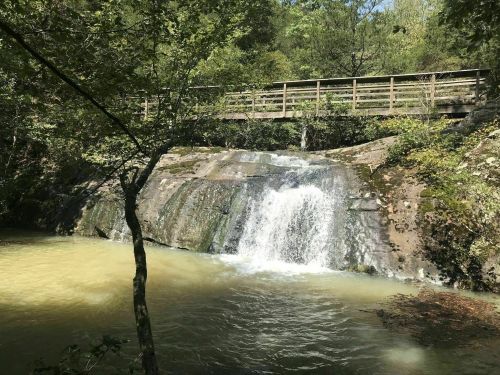 A serene waterfall cascades over rocks into a calm pool, with a wooden bridge and lush greenery in the background.