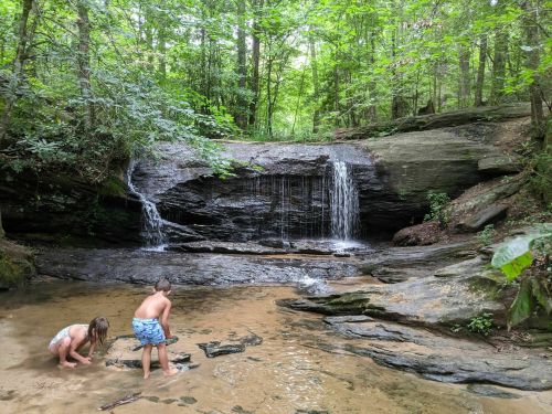 Two children play in a shallow stream near a waterfall, surrounded by lush green trees and rocky terrain.