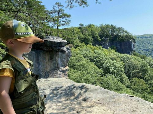 A child in a cap stands on a rocky ledge, overlooking a lush green valley and distant cliffs under a clear blue sky.