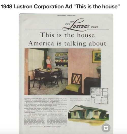 1948 Lustron Corporation ad featuring a modern home interior and exterior, highlighting the slogan "This is the house."
