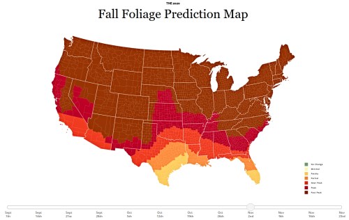 Map showing fall foliage predictions across the U.S. with color-coded regions for different foliage stages.