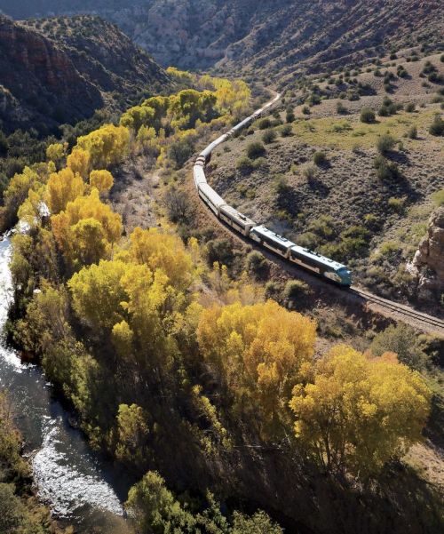 A train winds through a colorful landscape of autumn trees and a river, surrounded by rocky hills.