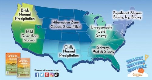 Map of the U.S. showing winter weather conditions by region: snowy, icy, chilly, and dry areas.