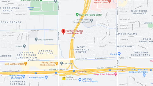Map showing the location of Fear Farm Haunted House in Phoenix, AZ, near various landmarks and streets.