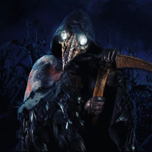A mysterious figure in a dark cloak with a bird-like mask stands in a shadowy, overgrown environment.