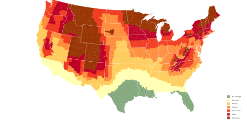 U.S. map showing varying levels of change, with color gradients from green (no change) to red (past peak).
