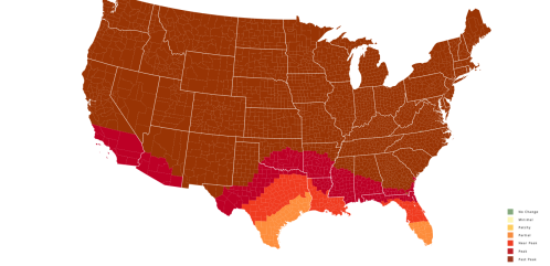 Map of the U.S. showing varying levels of change, with regions shaded from no change to severe impact in warm colors.