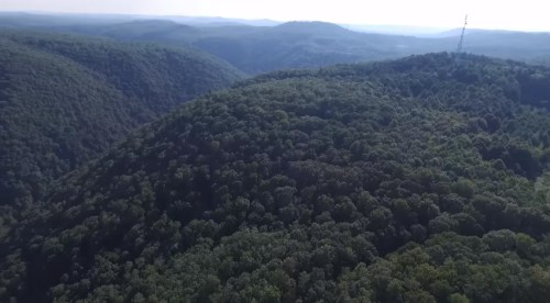 Aerial view of lush green hills and valleys under a clear sky, with a communication tower in the distance.
