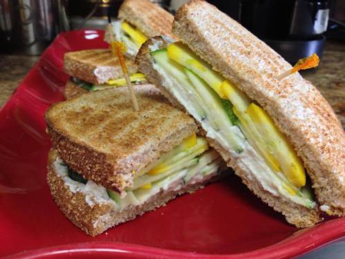A close-up of a sliced sandwich on a red plate, featuring layers of vegetables and spread between whole grain bread.