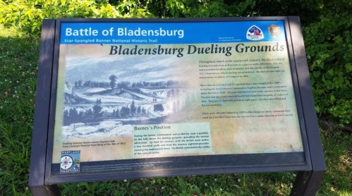 Sign about the Battle of Bladensburg, detailing the historical significance of the Bladensburg Dueling Grounds.