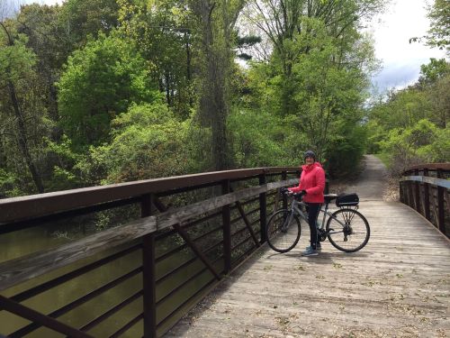 A person in a pink jacket stands with a bicycle on a wooden bridge surrounded by lush greenery.