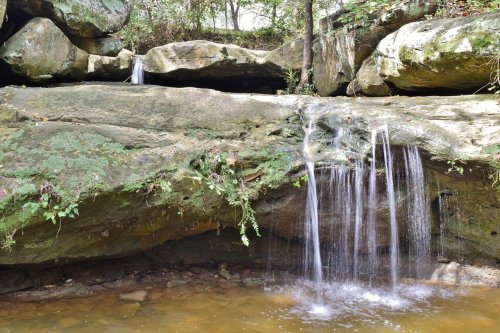 A serene scene of small waterfalls cascading over moss-covered rocks in a lush, green forest.