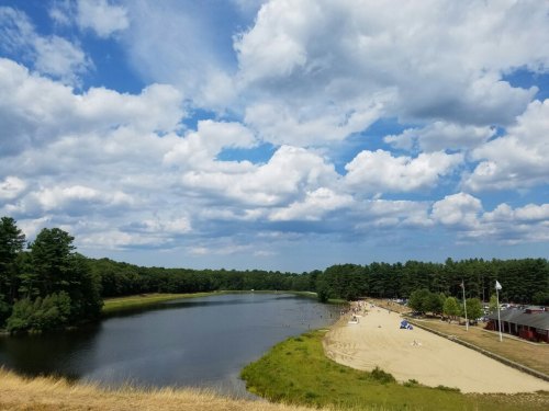 A serene lake surrounded by trees, with a sandy beach and fluffy clouds in a blue sky above.