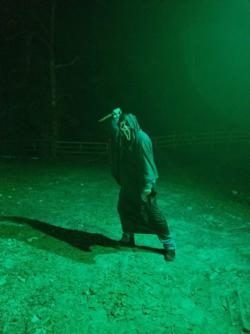 A figure in a dark hooded cloak stands in a green-lit forest, holding a weapon and casting a long shadow.