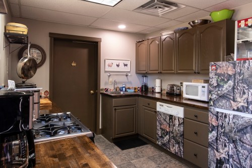 A cozy kitchen featuring wooden cabinets, a stove, microwave, and a camo-patterned fridge.