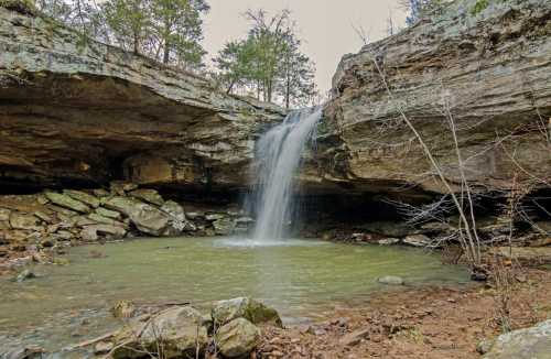 A serene waterfall cascades into a calm pool, surrounded by rocky cliffs and lush greenery.