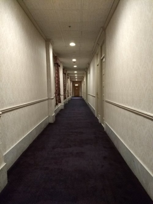 A long, empty hotel hallway with patterned wallpaper and carpet, illuminated by overhead lights.
