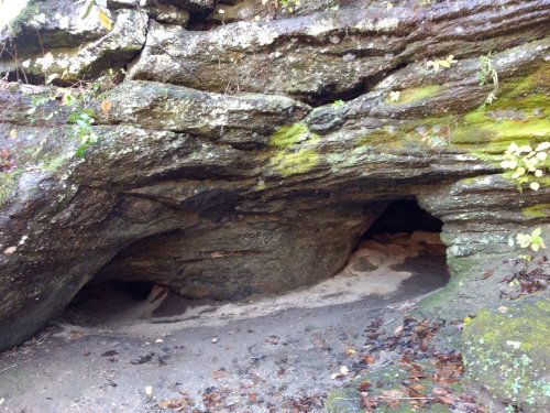 A rocky cave entrance surrounded by moss and foliage, with sandy ground visible inside.