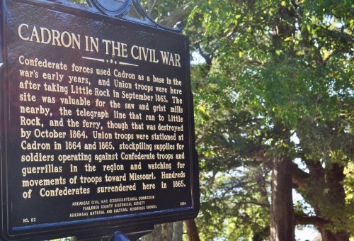 Historical marker about Cadron's role in the Civil War, detailing troop movements and supplies in 1864-1865.