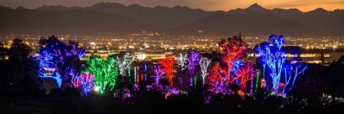 Colorful trees illuminated with vibrant lights against a backdrop of mountains and a city skyline at dusk.
