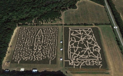 Aerial view of two corn mazes: one shaped like a rocket and the other featuring the year "2019." Surrounded by fields.