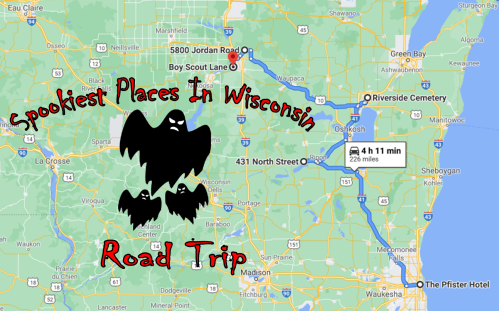 Map of Wisconsin highlighting a spooky road trip route with ghost graphics and key locations marked.