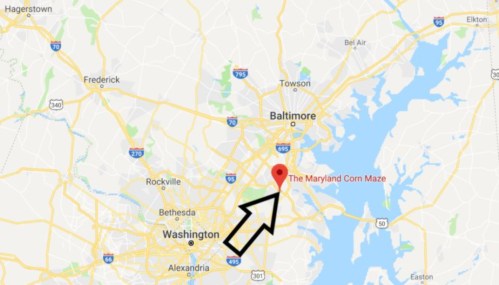 Map showing the location of The Maryland Corn Maze near Washington, D.C. and Baltimore, with an arrow pointing to it.