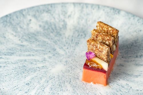 A colorful dessert on a textured plate, featuring layers of fruit gel, topped with crispy wafers and a flower garnish.