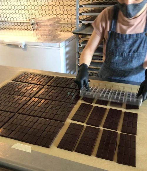 A person in gloves arranges chocolate bars on a table in a workshop, with trays and a cooling area in the background.