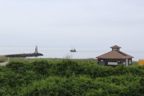 A small boat sails on calm waters near a lighthouse and a wooden gazebo surrounded by greenery.