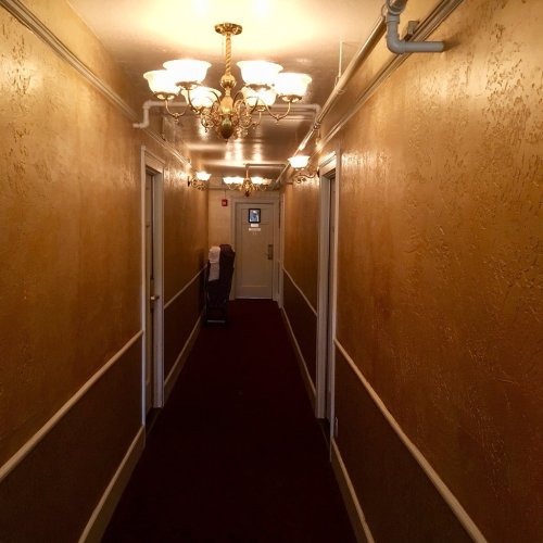 A long, well-lit hallway with golden walls, ornate chandeliers, and doors on either side.