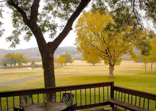 A serene view from a deck, featuring yellow trees and a grassy field under a cloudy sky.