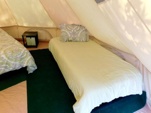 Interior of a tent featuring two beds with patterned bedding and a small table beside them on a green carpet.