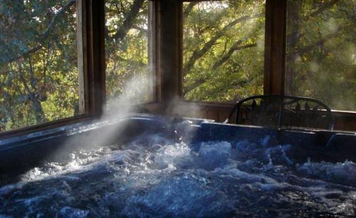 A hot tub with steam rising, surrounded by large windows and greenery outside.