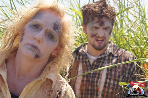 Two zombie-like figures with pale skin and wounds stand in a field, looking menacing against a backdrop of tall grass.