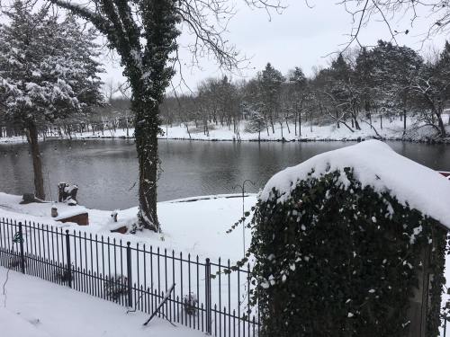A snowy landscape featuring a lake surrounded by trees, with a fence and snow-covered ground in the foreground.