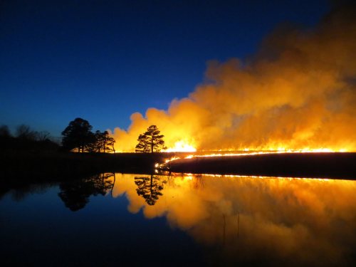 A dramatic sunset scene with a fire burning along a shoreline, reflecting in calm water below.