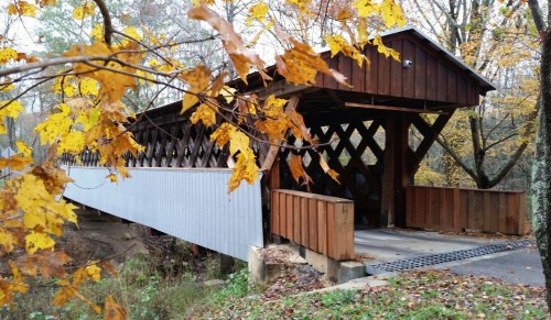 A wooden covered bridge surrounded by autumn leaves and trees, showcasing a peaceful rural landscape.