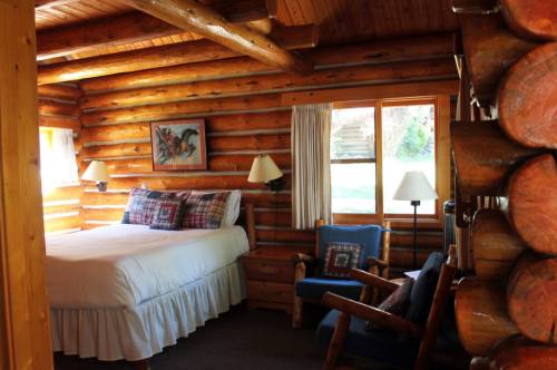 Cozy log cabin bedroom with a bed, armchair, lamps, and rustic wooden walls. Natural light from windows.