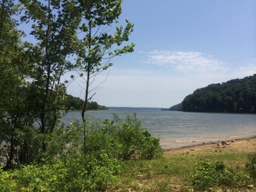 A serene lake view surrounded by trees and hills under a clear blue sky.