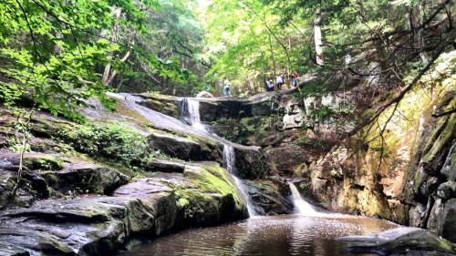 A serene waterfall cascades over mossy rocks, surrounded by lush greenery and a small group of people in the background.