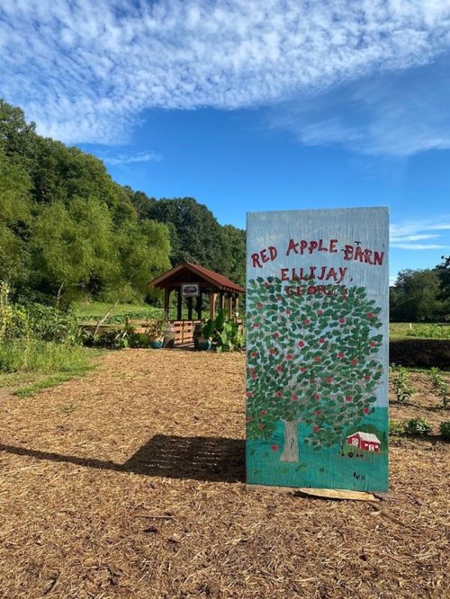 A colorful sign for Red Apple Barn in Ellijay, Georgia, with a painted apple tree and a blue sky in the background.