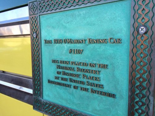 Plaque on a 1939 O'Mahony dining car, noting its placement on the National Register of Historic Places.