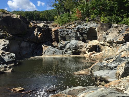 A serene rocky landscape with a calm pool of water surrounded by greenery and blue skies.