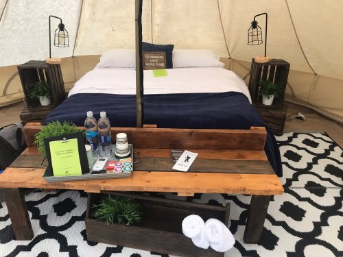 Cozy glamping tent interior with a bed, wooden bench, water bottles, and decorative plants on a patterned rug.