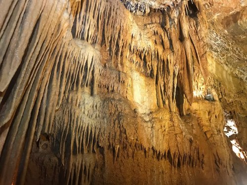 Stalactites and stalagmites create a textured, illuminated cave wall with warm earthy tones.