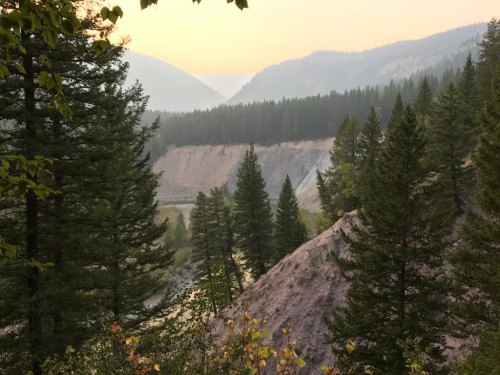 A scenic view of a forested valley with mountains in the background, shrouded in a soft, smoky haze.