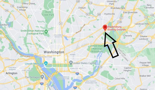 Map showing Bladensburg Dueling Grounds location northeast of Washington, D.C., with an arrow pointing to it.